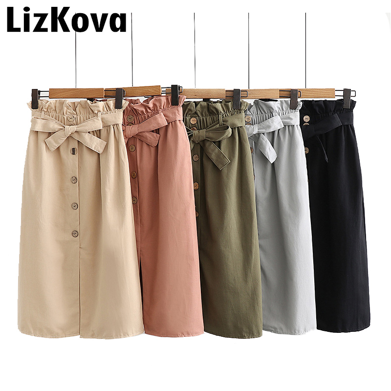 Lizkova Summer Paperbag Skirt Woman Single Breasted High Waist Plus size Skirt  Bandage Front Cut Streetwear
