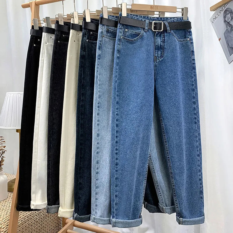 Xpqbb  Summer High Waist Women Jeans Washed Casual Loose Harem Pants Female Solid Simple with Belt Student Denim Trousers