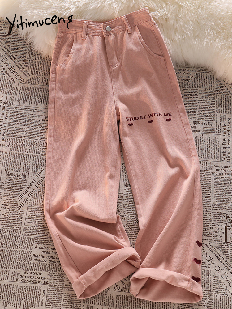 Yitimuceng Jeans Women Pink Y2k Embroidery Streetwear Wide Leg Baggy Pants Harajuku   Denim Trousers Vintage Loose