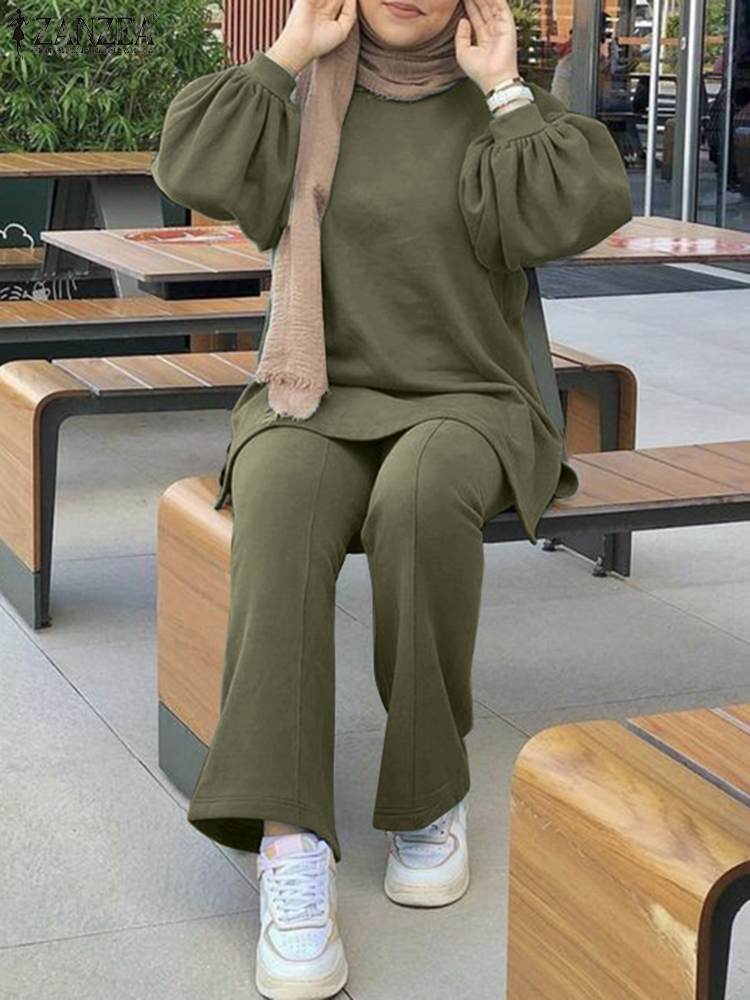  Women Full Puff Sleeve Casual Set ZANZEA 2 piece Set Muslim Urban Tracksuit Solid Loose Pant Suits Outifits Matching Set