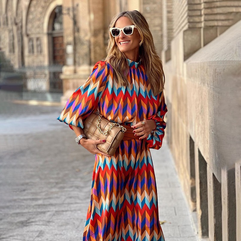Autumn Geometric Print Bohemian Long Dress Women Latern Sleeves Casual Vintage High Street Midi Dresses Stand Collar Robe Femme