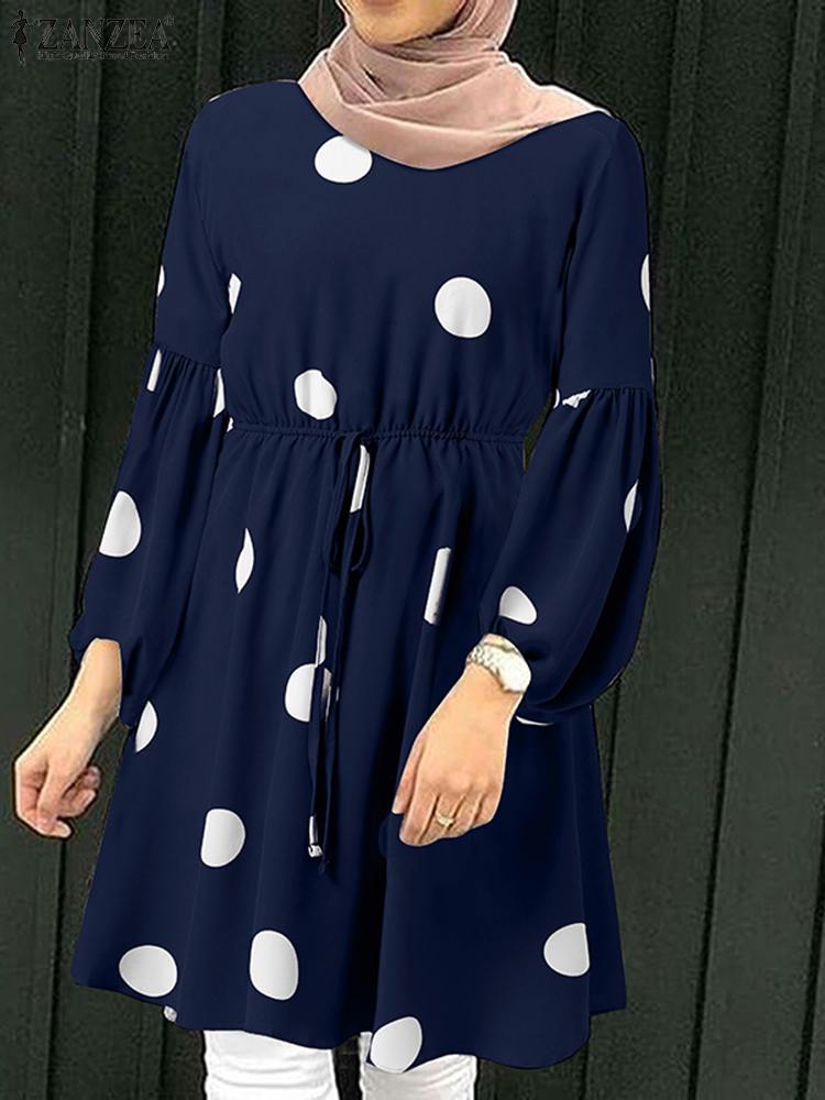 ZANZEA Lace-Up Puff Sleeve Islamic Clothing Women Polka Dots Printed Muslim Blouse Elagant Casual Dubai Marocain Turkish Tops