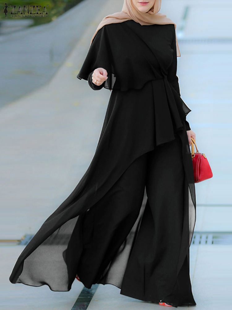 ZANZEA O-Neck Full Sleeve Wide Leg Romper Women Summer Lace Patchwork Muslim Jumpsuit Elegant Solid Long Party Overall Dungaree