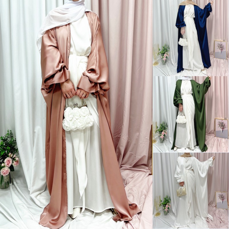 Ramadan Dubai Women Solid Color Satin Kimono Abaya Long Sleeve Open Front Maxi Dress Elegant Muslim Cardigan Loose Robe Kaftan