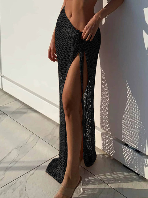 Women Maxi Skirts  Knitted Beach Wrap Summer High Waist Net Sarong Cover up for Swimwear Black Sexy Long Bodycon Skirt