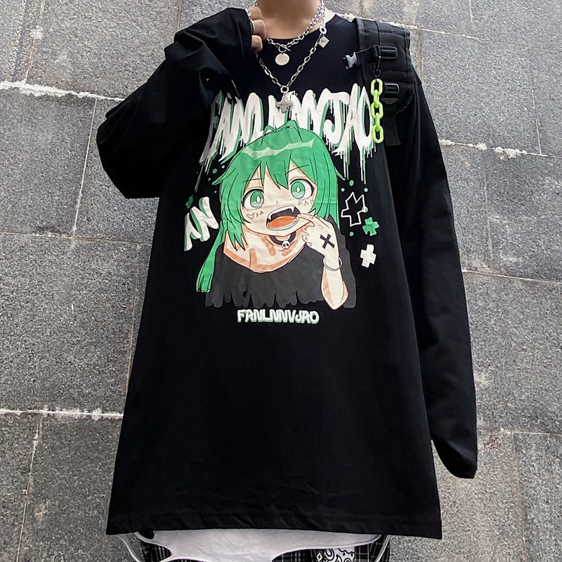 Top Harajuku Oversized T-shirt Anime Girl Graphic Loose Long Sleeve Kawaii Clothes Spring Y2k T-shirt Pulovers Aesthetic Grunge