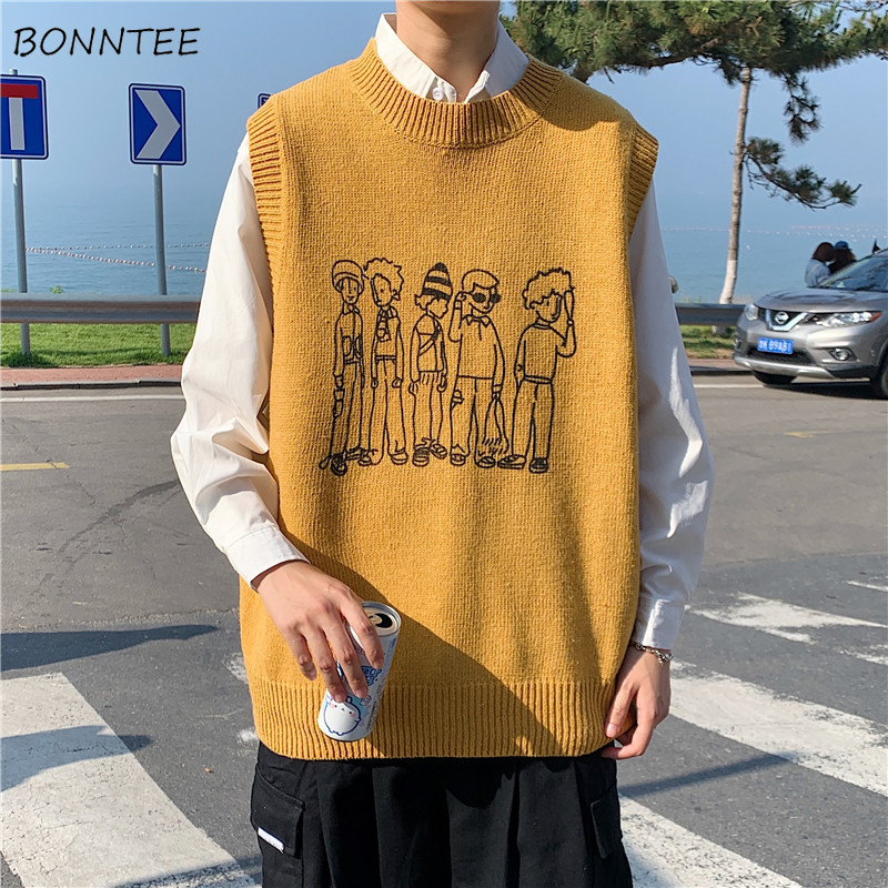 Sweater Vest Men Round Neck Sleeveless Sweaters Loose Oversize Preppy College Males All-match Knitwear Clothing Spring Daily