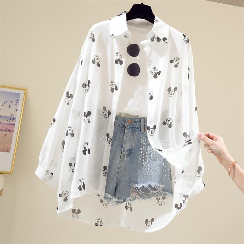 Disney Mickey Mouse Blouse Ladies Long Sleeve Women Shirt Beach Shirts Kawaii Cartoon Summer Clothes Cover Up Top Casual Camisas