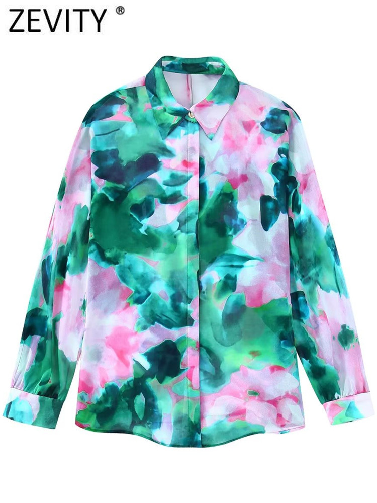 Zevity Women Vintage Ink Painting Green Floral Print Chiffon Smock Blouse Female Business Shirt Chic Chemise Blusas Tops LS1998