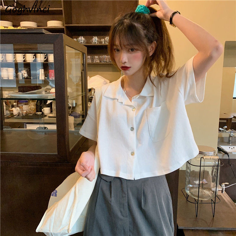 Shirts Women Pocket Solid Short Sleeve Casual Sweet Simple Summer Crop Tops Womens s Style Designed Chic Streetwear Trendy