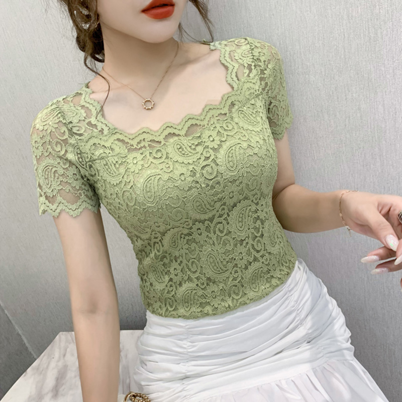 Summer short sleeve lace shirt Square collar women tshirt Solid color summer tops blusas  Women lace tops 