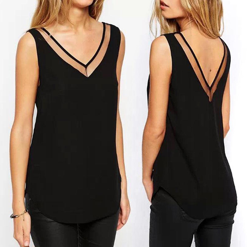 Summer Female Chiffon Vest Blouse   Casual Black White Sleeveless Shirts Sexy V Neck Mesh Tops Plus Size S-3XL
