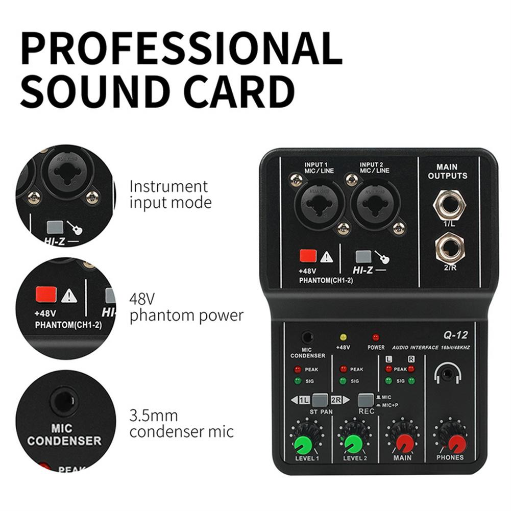 Q12 Audio Interface Usb Sound Card Drive-free Portable Mini 2-way Mixer For Studio Singing Computer Recording