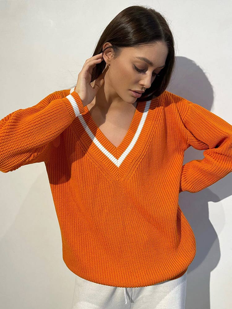 Women V-Neck Long Sleeve Sweater Casual Long Sleeve Pullover Knitted Tops  Autumn Winter  Female Sweater