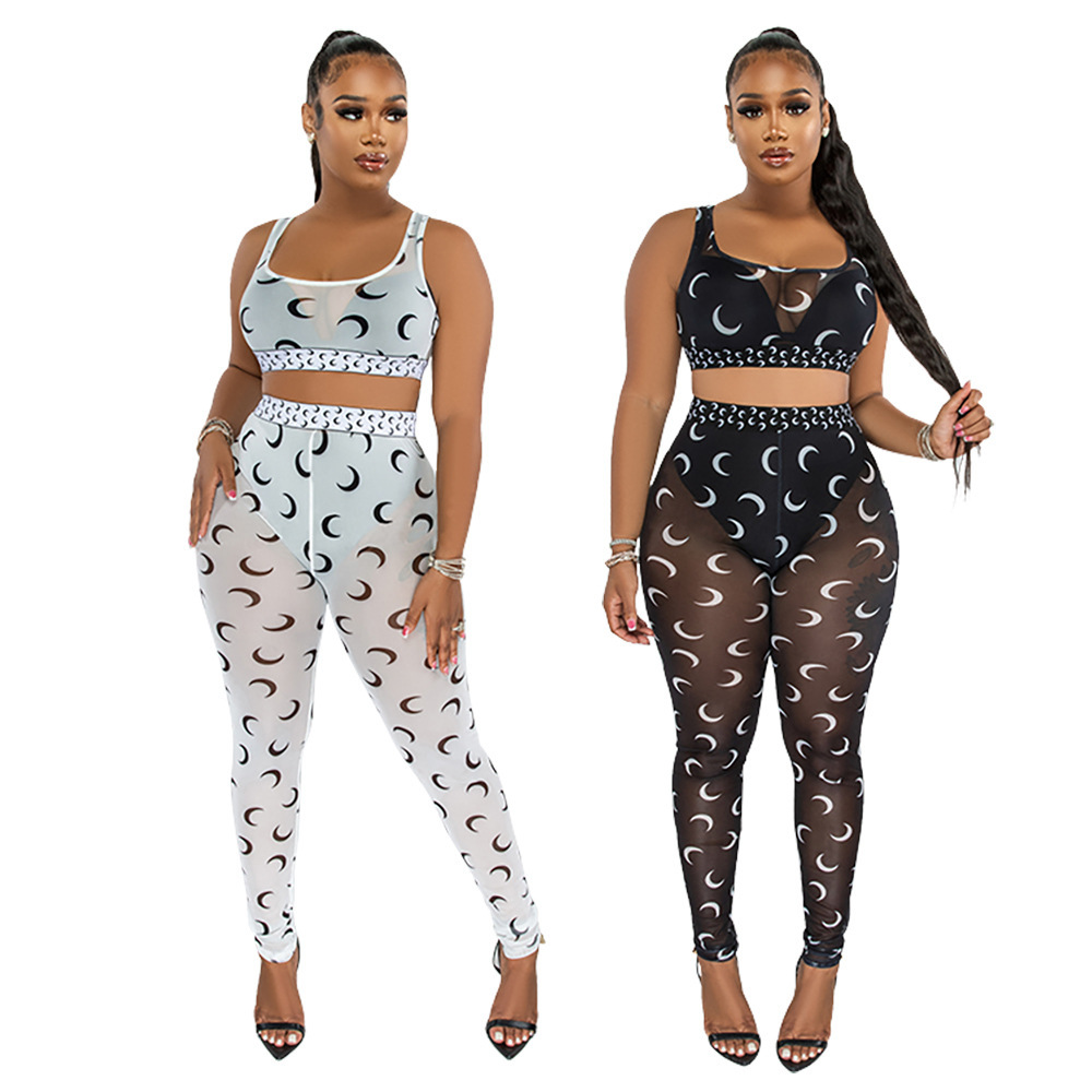 Echoine Women Sexy Moon Print Sheer Mesh Two Piece Set Club Suit Tank Crop Top Leggings Pants Party Nightclub Tracksuit Outfits