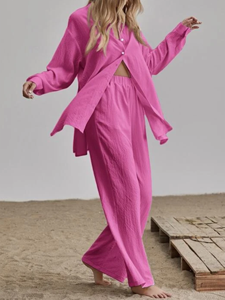 Casual Loose Solid Two Piece Sets Women Elegant Turndown Collar Cardigan Tops And Wide Leg Pants Suits Female  Outfit