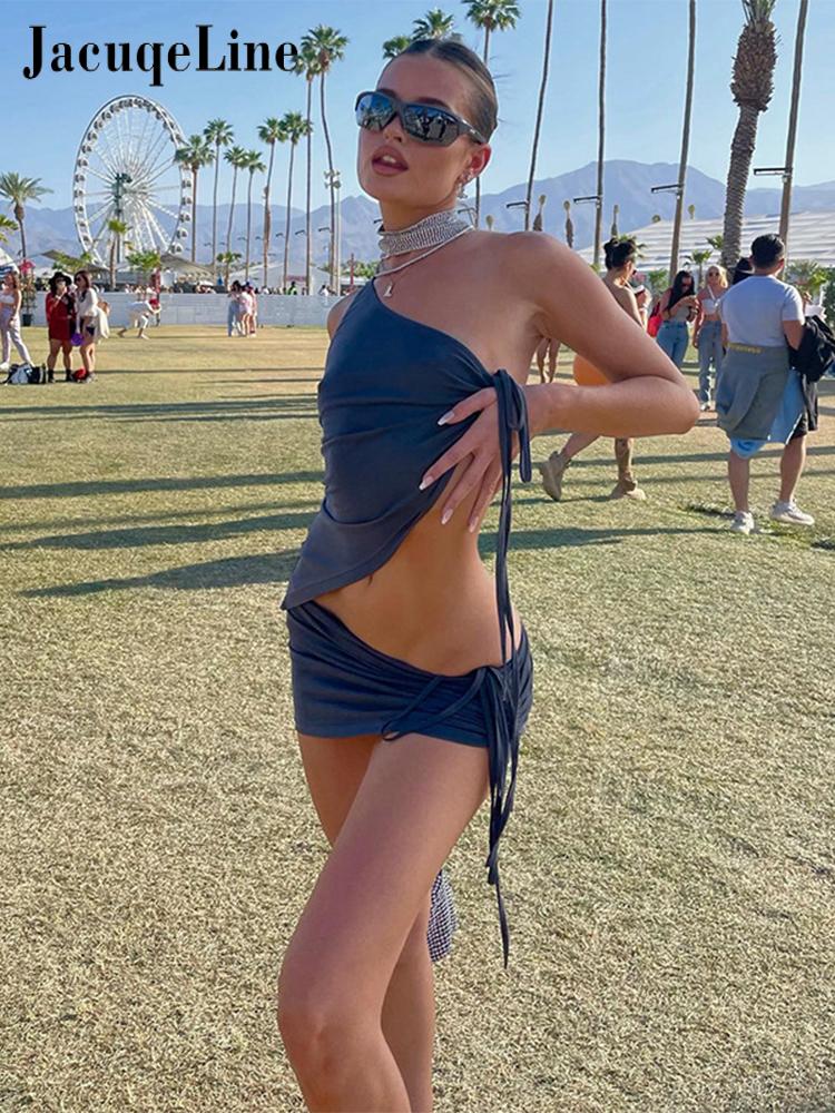 Jacqueline  Drawstring Dress Summer Sets Womens Outfits Sexy One Shoulder Crop Top and Mini Skirts Sets Co-Ord Club Party