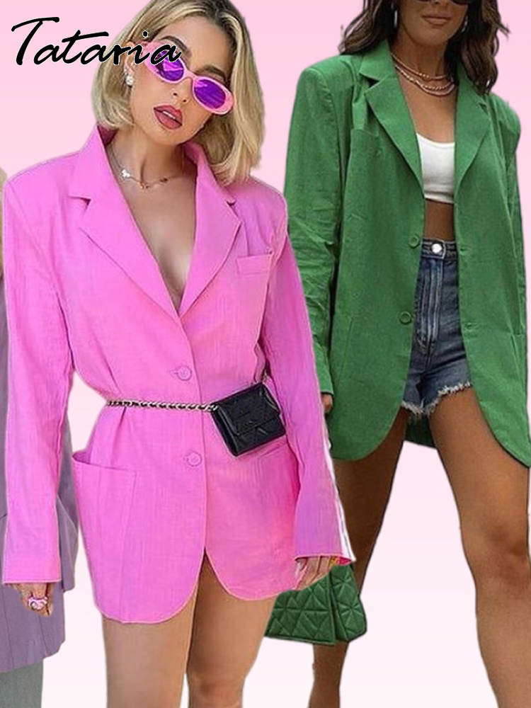 Green Cotton Linen Women's Oversize Jacket Candy Colors Long Jackets Suits Blazer for Women Elegant Stylish Office Tops Coat