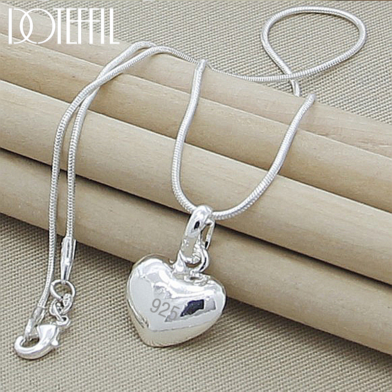 DOTEFFIL 925 Sterling Silver Solid Small Heart Pendant Necklace 16-30 Inch Snake Chain For Women Wedding Charm  Jewelry