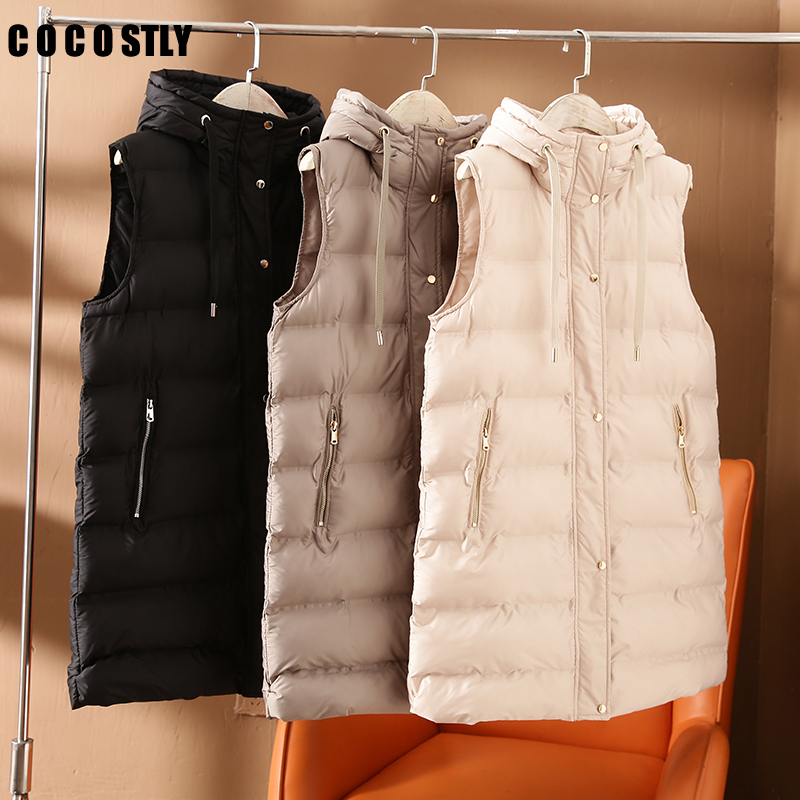Autumn Women  Vest  Pocket Soft Padded Vest Jacket Hooded Coat Vintage Sleeveless Female Outerwear Chic Tops