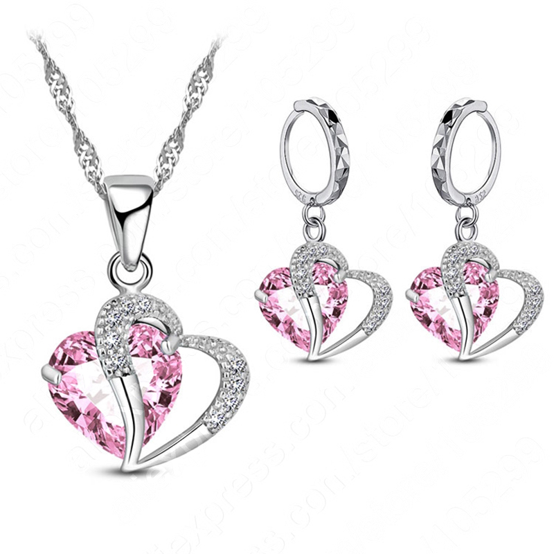 Women 925 Sterling Silver Cubic Zircon Necklace Pendant Earrings Sets Cartilage Piercing Jewelry Wedding Heart Design