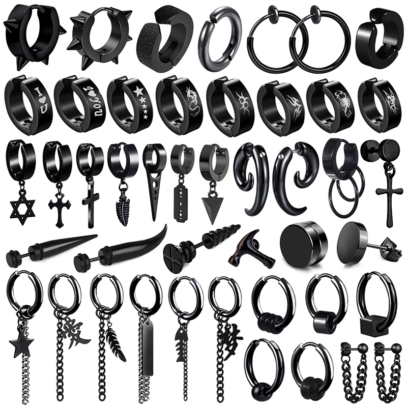 SOUnisex Stainless Steel Punk Man Black Drop Earrings Geometry Triangle Star Cross Fish Love Feather Party Multiple Gothic