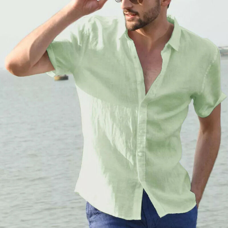 Men's Shirts Linen Short Sleeve Summer Solid Shirts Casual Loose Turn-down Collar Blouse Male Breathable Shirt Chemises homme