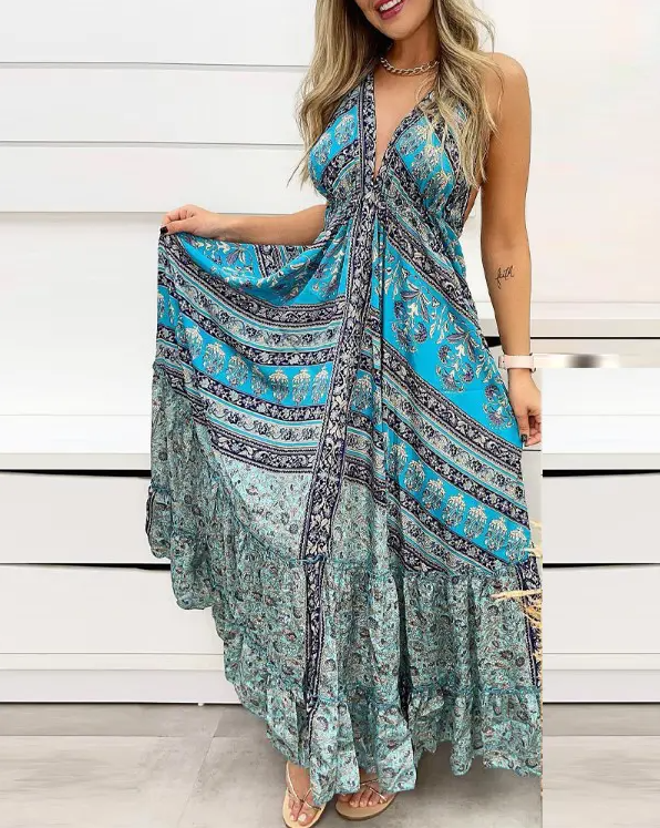 Tribal Print Halter Maxi Dress Women Summer   Sexy Backless Vintage Party Club Boho Long Dress