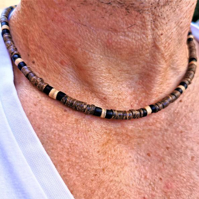 Men's African necklace， Men african Beaded jewelry， Surfer necklace Gifts for men， Wooden Beach Necklace