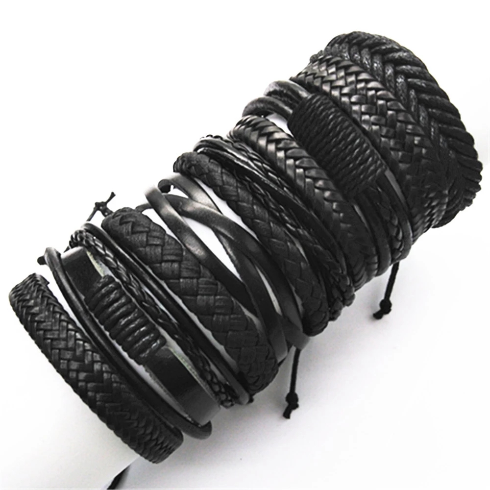 10 Pcs/set Black Wrap Woven  Handmade Men Bracelets Male Women Leather Bracelets Men Bangle WholeJewelry Gift