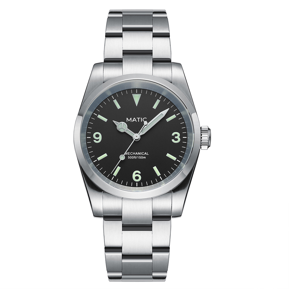 MATIC WATCH THREE HANDS 37mm SII NH38A Mechanical Wristwatches Men's Watches [Matte Black Dial 369]