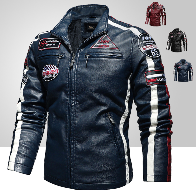 Mens Vintage Motorcycle Jacket  Men  Biker Leather Jacket Male Embroidery Bomber Coat Winter Fleece Pu Overcoat