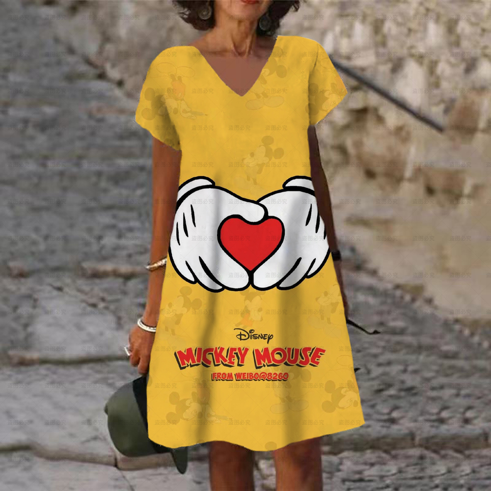 Women's  Dress V Neck  Casual Loose Dress Disney Mickey and Minnie Print Short Sleeve Knee Length Harajuku Dress