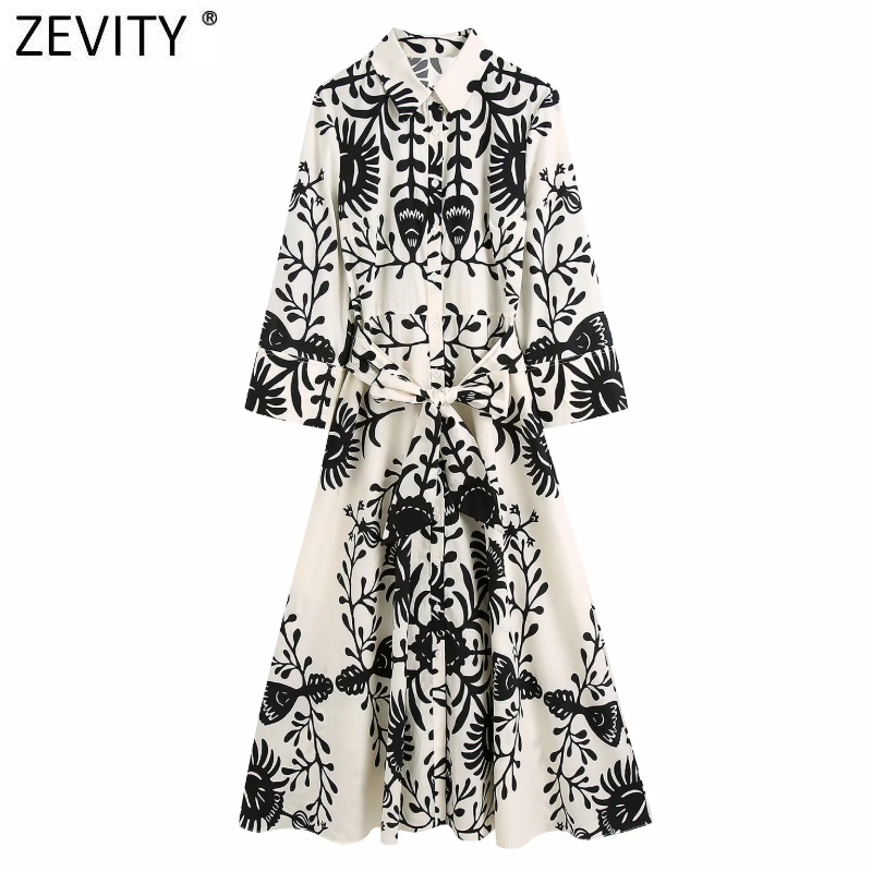 Zevity Women Vintage Black Totem Print Bow Sashes Shirt Dress Female Chic Three Quarter Sleeve Casual Slim Midi Vestidos DS8640