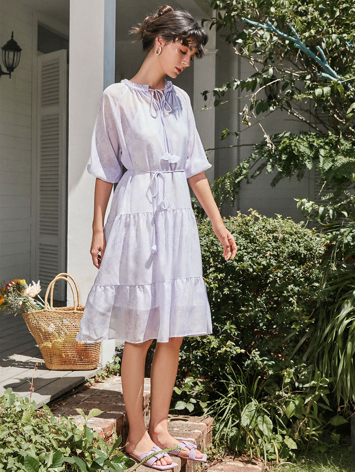 ZAFUL Floral Print Raglan Sleeve Keyhole Tiered Dress with Cami Dress Belted Midi Female Robe