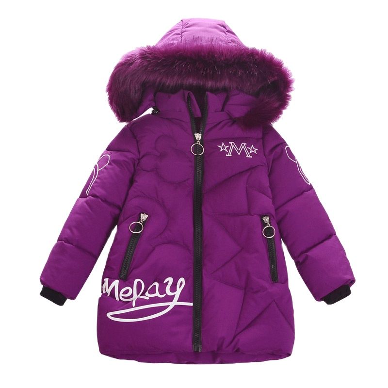 LANBENA Children's winter down jacket  able  children's medium and long printed wool collar hooded cotton