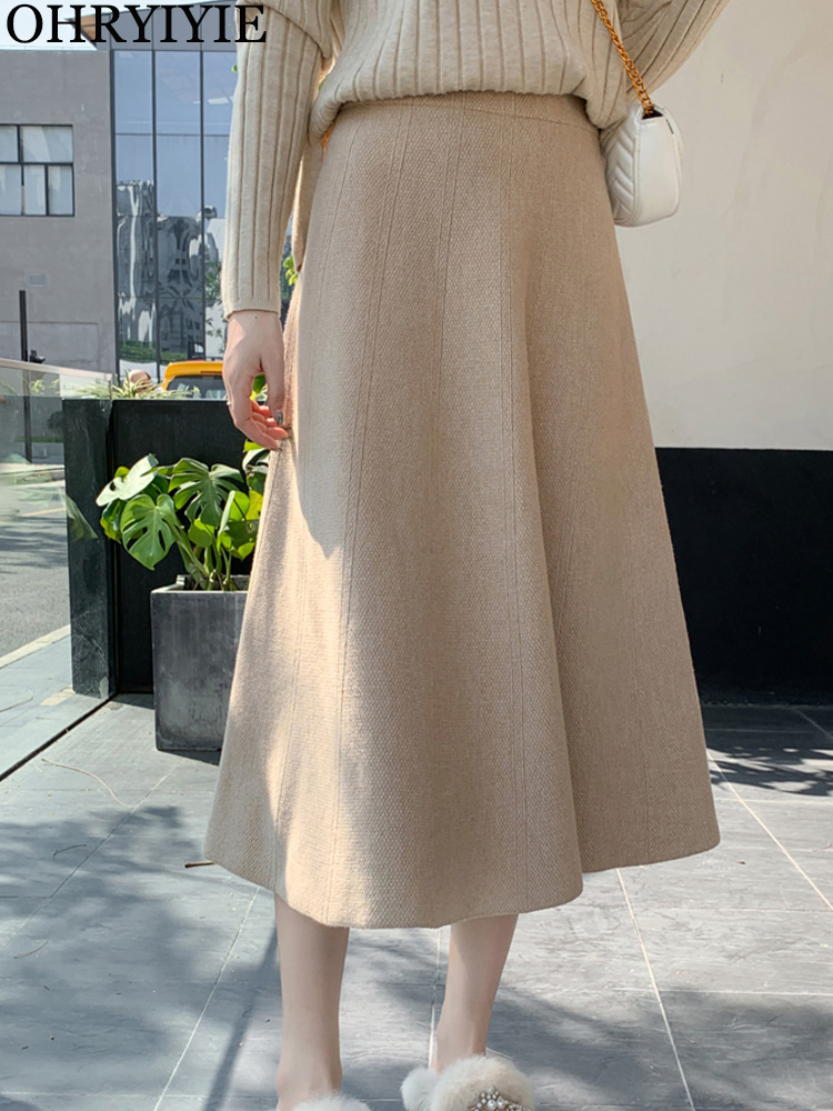 OHRYIYIE Women Thick Knit Skirt Autumn Winter Female High Waist Warm A-line Skirt Women Casual All-match Midi Long Skirt Lady