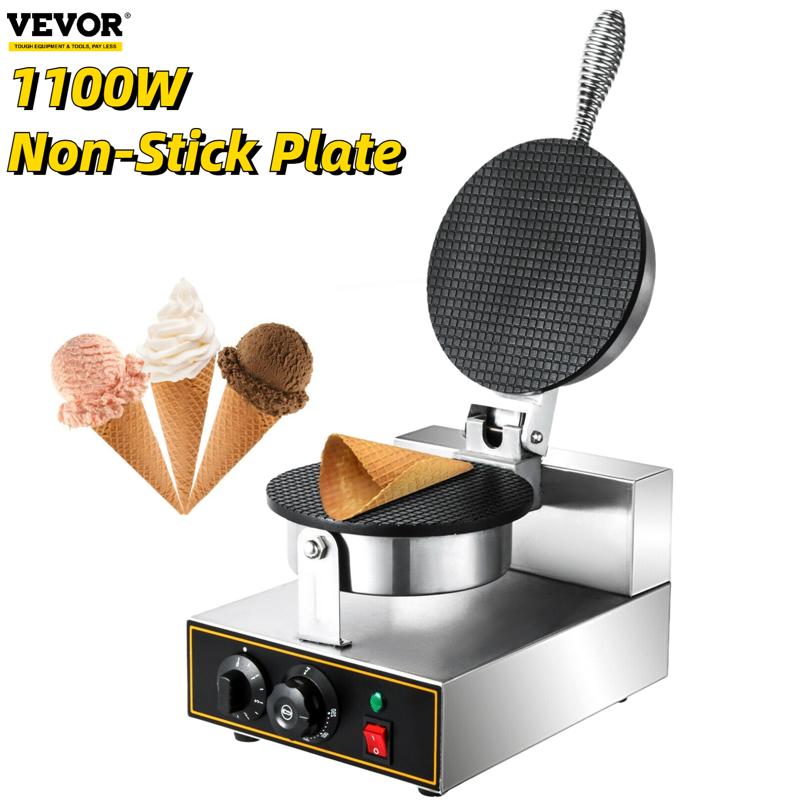 VEVOR Commercial Electric Ice Cream Waffle Cone Maker Nonstick Iron Plate Crispy Egg Roll Waffle Pizza Tortillas Baking Machine