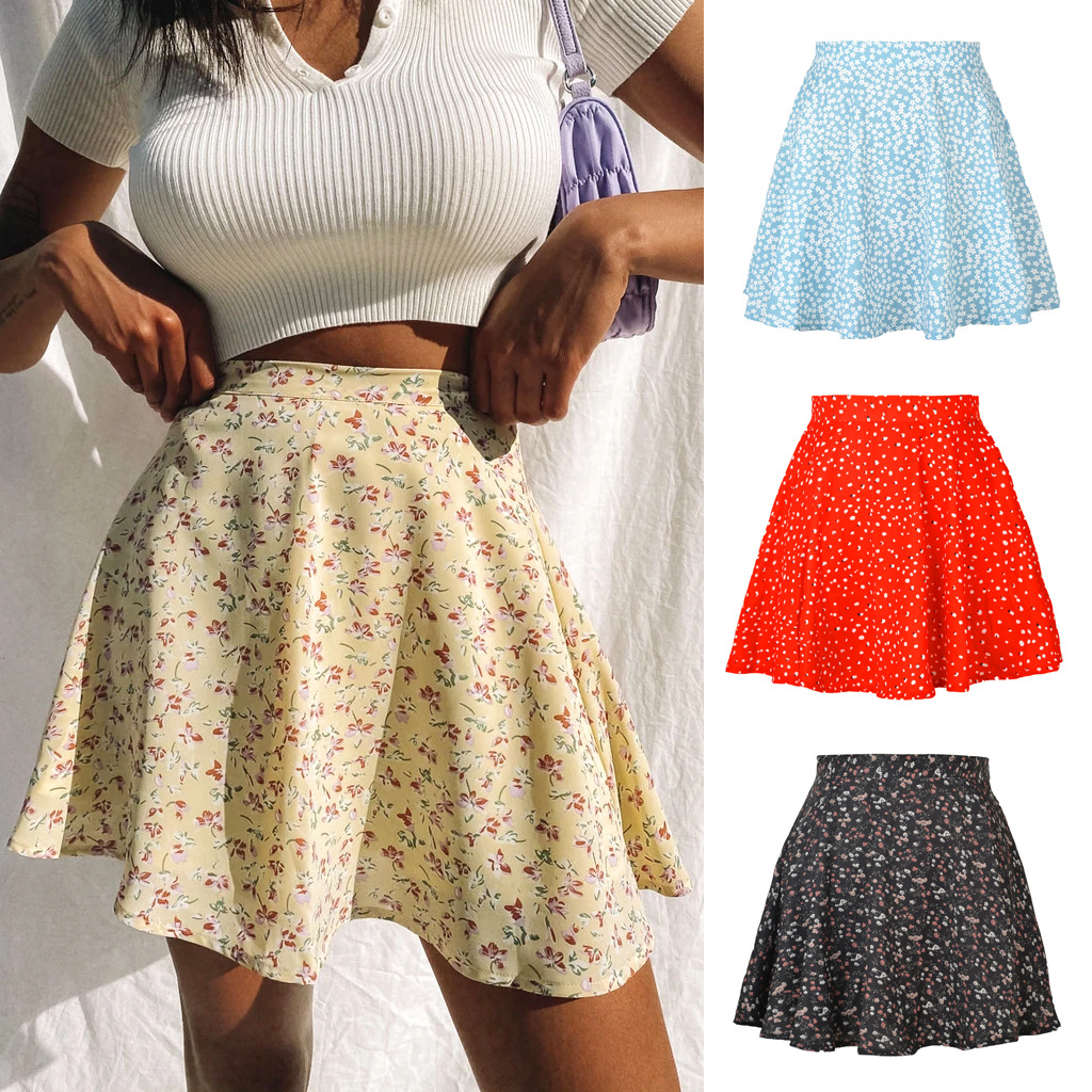  Women's Chiffon Floral Printed High Waist Skirts Casual Streetwear Lady Zipper Mini Skirt WDC6626
