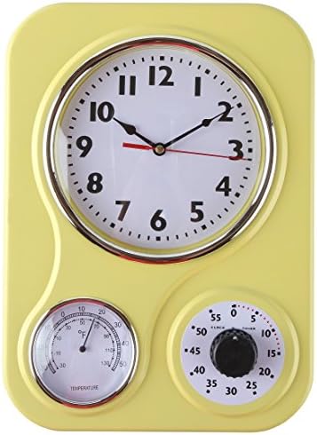 Lily's Home Retro Kitchen Wall Clock, with a Thermometer and 60-Minute Timer, Ideal for any Kitchen, Yellow (9.5 in x 13.3 in)