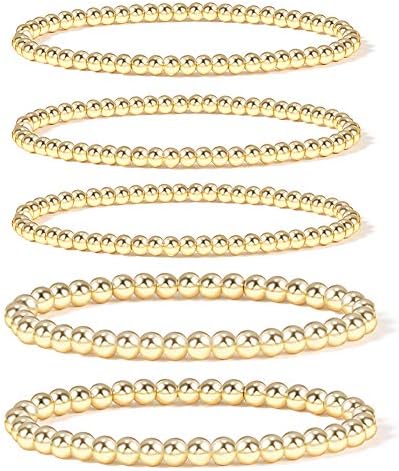 Badu Gold Bead Bracelet for Women 14K Gold Plated Bead Ball Bracelet Stretchable Elastic Hypoallergenic Bohemian Stackable Bracelet