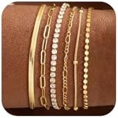 DEARMAY Waterproof Gold Bracelets Set for Women Trendy, Dainty 14K Real Gold Plated Jewelry Fashion Stackable Tennis Beaded Figaro Herringbone Paperclip Link Bracelet Pack Stack Gifts for Women