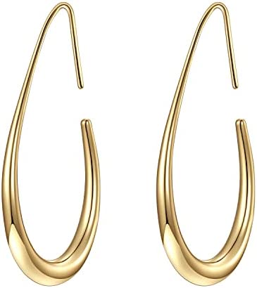 Lightweight Teardrop Hoop Earrings for Women - 14k Gold/White Gold Plated Large Oval Pull Through Hoop Earrings High Polished Statement Jewelry Gift for Women Teen Girls