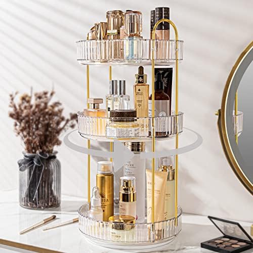 360 Rotating Makeup Organizer for Vanity, Bathroom Countertop Organizer Spinning Perfume Organizer, High-Capacity Cosmetic and Skincare Dresser Make Up Holder Rack (3 Tiers, White)