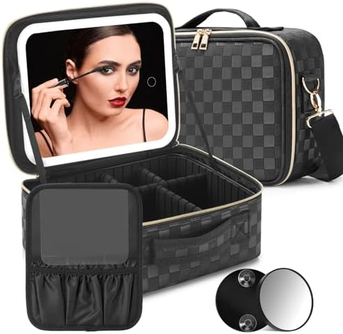 Travel Makeup Bag with LED Mirror Make up Case with Lighted Mirror 3 Color Setting Cosmetic Makeup Box Organizer Vanity Case for Women Beauty Tools Accessories Case Rechargeable (Black, Middle)