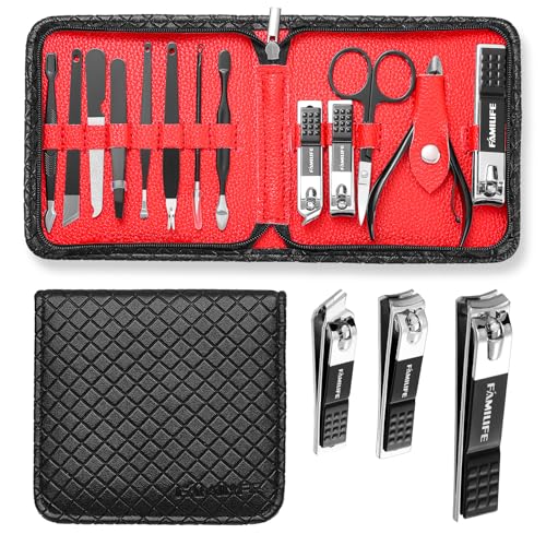 FAMILIFE Nail Kit, Professional Manicure Set Manicure Kit Nail Clipper Set, 13 in 1 Stainless Steel Pedicure Set Nail Clipper Kit, Men Grooming Kit with Portable Black Leather Travel Case for Him