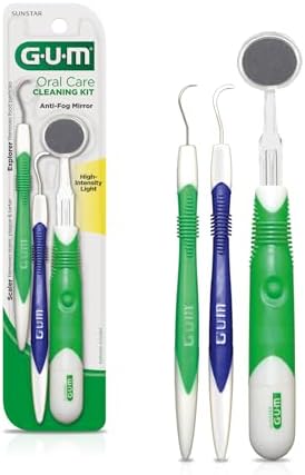GUM Oral Care Dental Cleaning Kit, Dental Mirror with Light, Explorer Pick, and Dental Scaler, Professional Quality Stainless Steel Dental Tools, Easy-Grip Handle (Pack of 1)