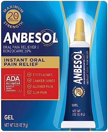 Anbesol Maximum Strength Oral Pain Relief Gel, Instant Pain Relief For Toothache Pain, Canker Sores, Sore Gums, Mouth Sores, Denture Pain, and Aligner Pain, ADA Accepted, 0.33 oz (packaging may vary)