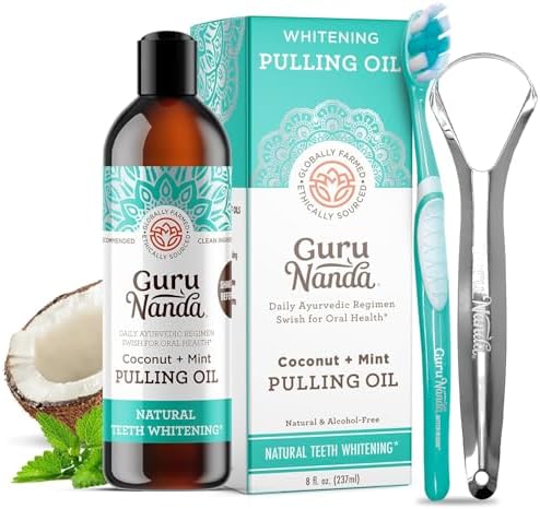 GuruNanda Whitening Pulling Oil with Coconut Oil & Peppermint Essential Oil for Natural Teeth Whitening, Fresh Breath, Alcohol Free Mouthwash (8 FlOz)