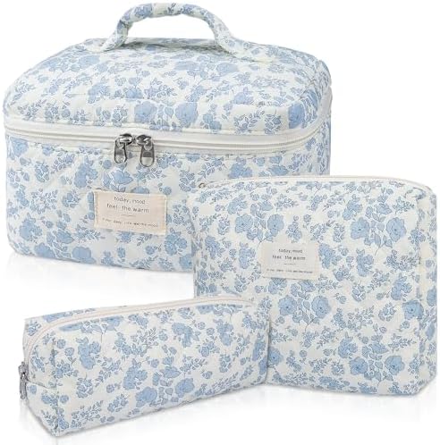 Makeup Bag Set, Quilted Makeup Bag, Large Floral Cosmetic Bag for Women, Cute Cotton Makeup Bags, Flower Travel Toiletry Organizer Bag